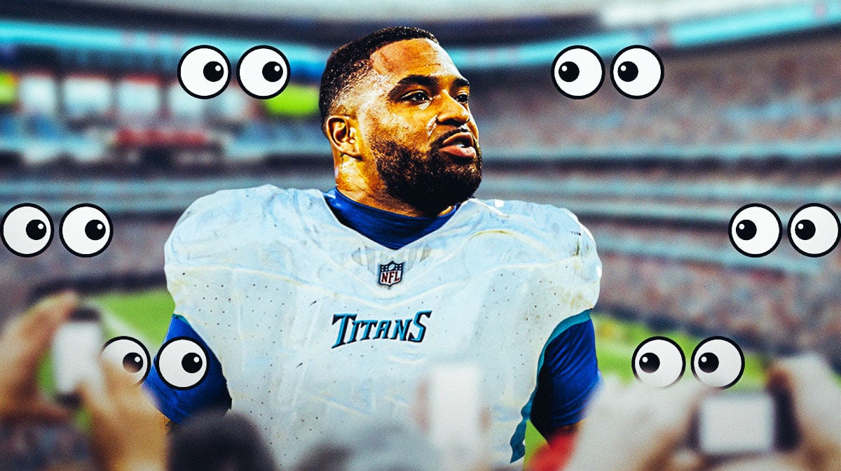 Jamal Adams in a Tennessee Titans uniform with a bunch of the big eyes emojis in the background