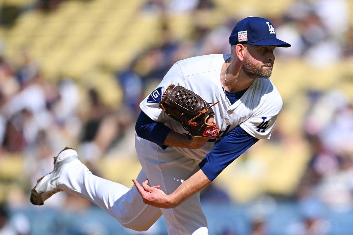 Los Angeles Dodgers pitcher James Paxton (65) throws a pitch against the Boston Red Sox during the first inning at Dodger Stadium.