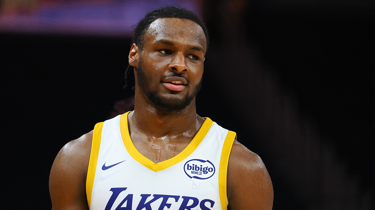 Los Angeles Lakers guard Bronny James Jr. (9) between plays against the Miami Heat during the fourth quarter at Chase Center.