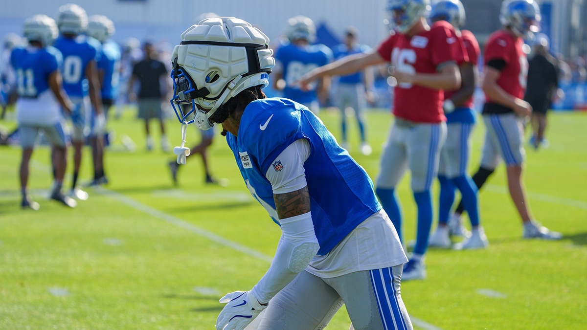 Wide receiver Jameson Williams lines up for a play during the Detroit Lions training camp at their training facility in Allen Park, Mich. on Monday, July 29, 2024.