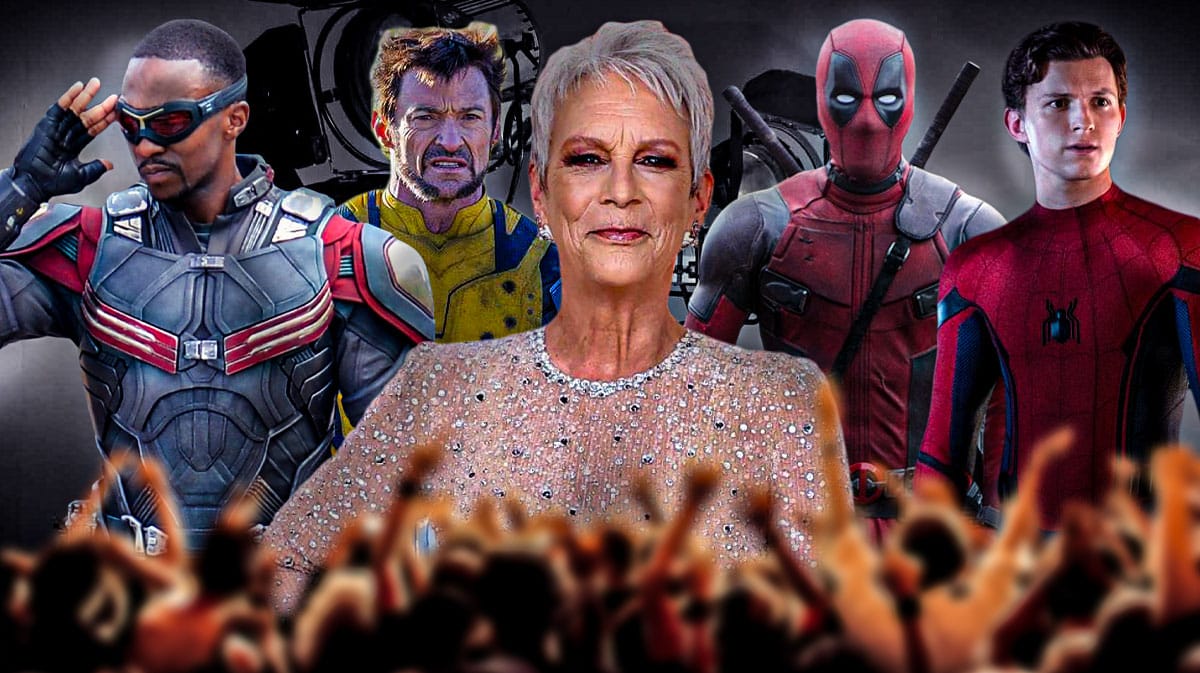 Jamie Lee Curtis with Marvel MCU stars Anthony Mackie (Falcon and Captain America), Hugh Jackman (Wolverine), Ryan Reynolds (Deadpool), and Tom Holland (Spider-Man).