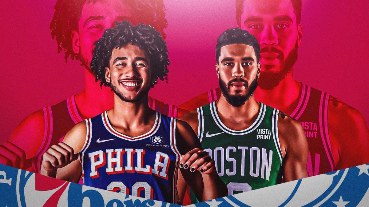 Jared McCain smiling in a Sixers jersey next to Jayson Tatum smiling in a Celtics jersey