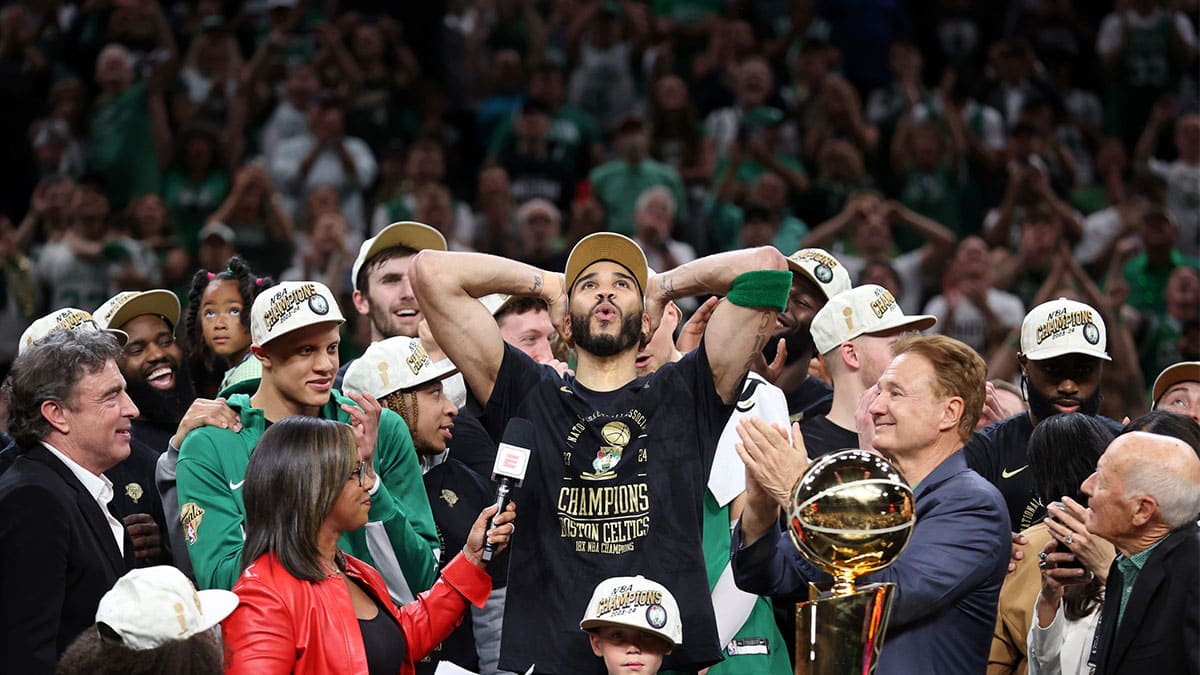 Boston Celtics forward Jayson Tatum (0) reacts after winning the 2024 NBA Finals against the Dallas Mavericks at TD Garden. 