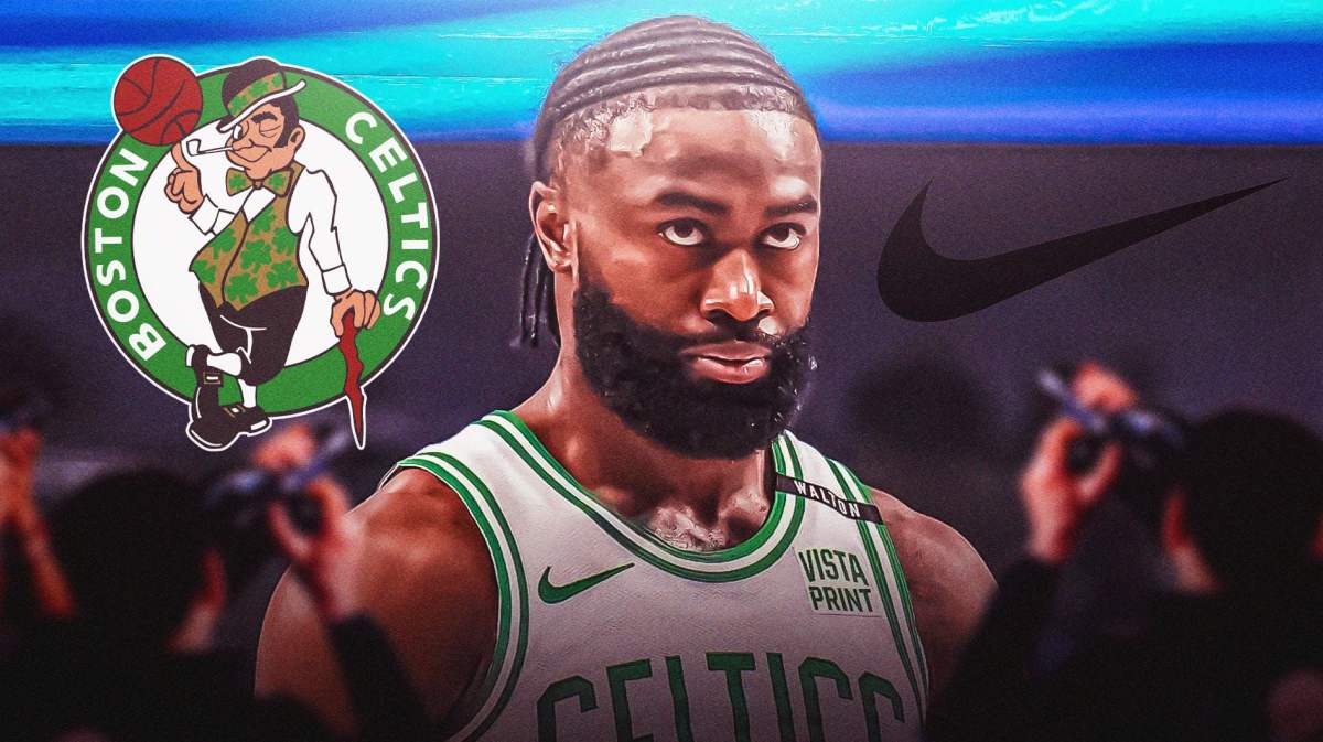 Jaylen Brown stands next to Celtics, Nike logo after Team USA Olympics move