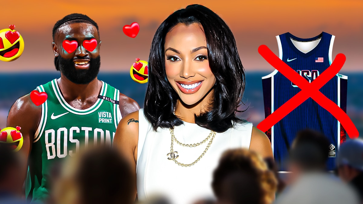 Celtics' Jaylen Brown with heart eyes and hearts all over while smiling at Kysre Gondrezick, with a cross mark on a Team USA uniform