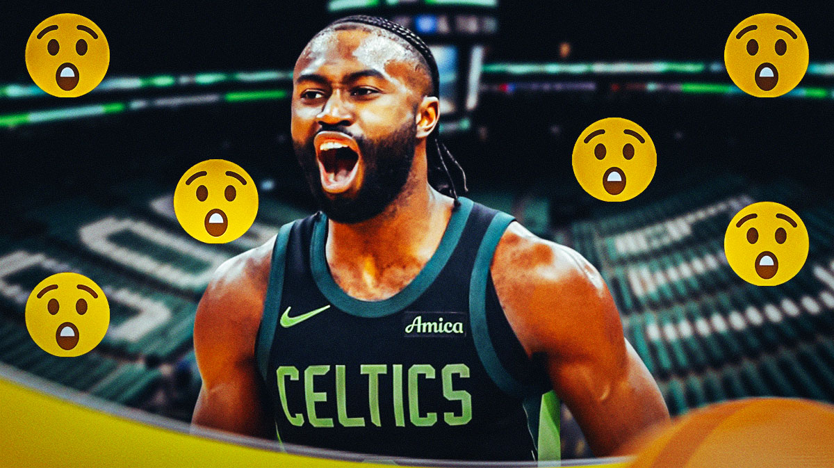 Jaylen Brown surrounded by Astonished Face emojis.