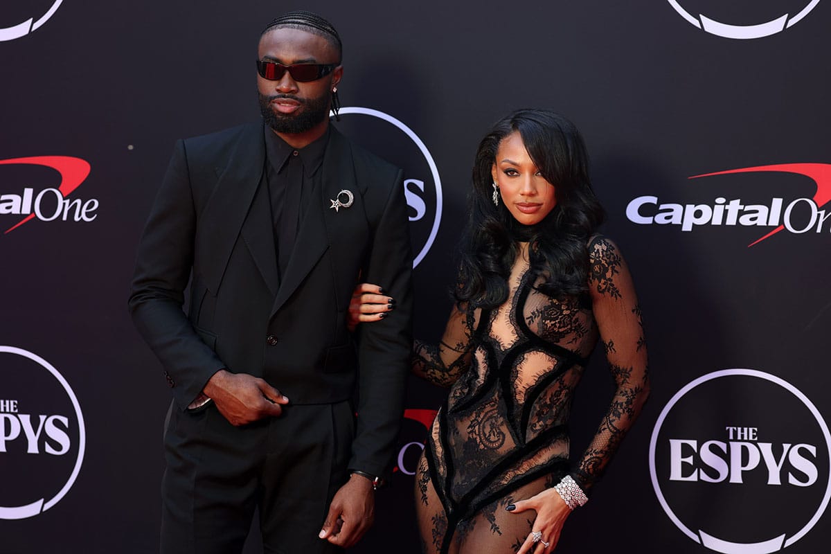 Boston Celtics guard Jaylen Brown and Kysre Gondrezick arrive on the red carpet before the 2024 ESPYS at Dolby Theatre. 