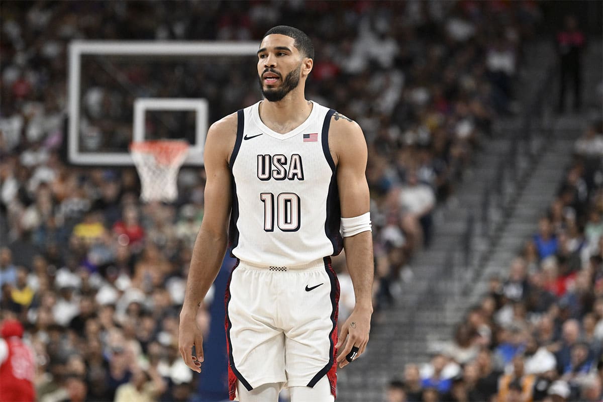 Jul 10, 2024; Las Vegas, Nevada, USA; USA forward Jayson Tatum (10) looks on in the third quarter against Canada in the USA Basketball Showcase at T-Mobile Arena. 