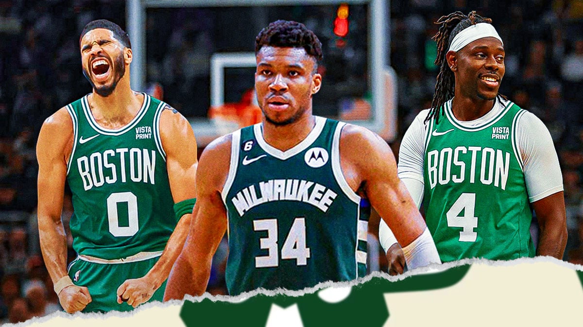 Giannis Antetokounmpo looking serious. Jayson Tatum and Jrue Holiday laughing
