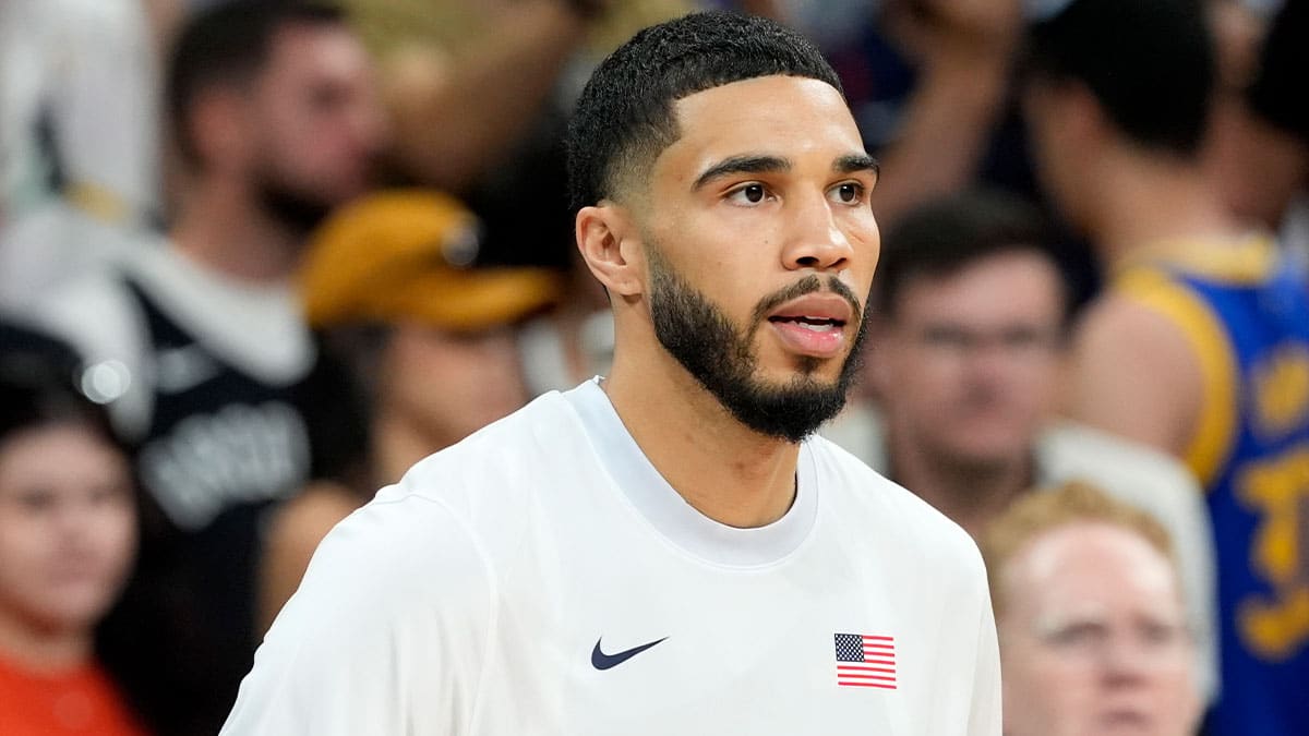 United States small forward Jayson Tatum (10) warms up before a game against Serbia during the Paris 2024 Olympic Summer Games at Stade Pierre-Mauroy