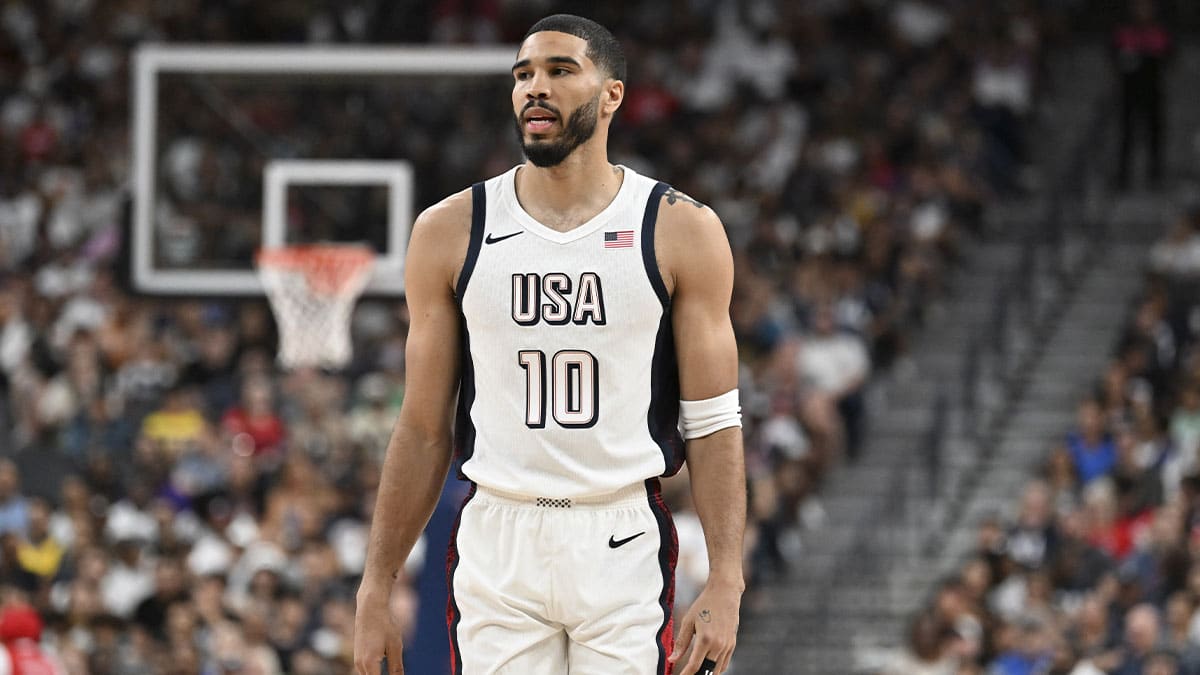 USA forward Jayson Tatum (10) looks on in the third quarter against Canada in the USA Basketball Showcase at T-Mobile Arena.