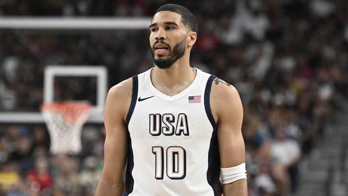 USA forward Jayson Tatum (10) looks on in the third quarter against Canada in the USA Basketball Showcase at T-Mobile Arena. 