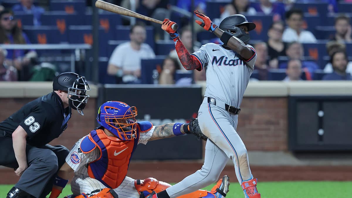 Miami Marlins center fielder Jazz Chisolm Jr. (2) follows through on an RBI single against the New York Mets during the fifth inning at Citi Field. 