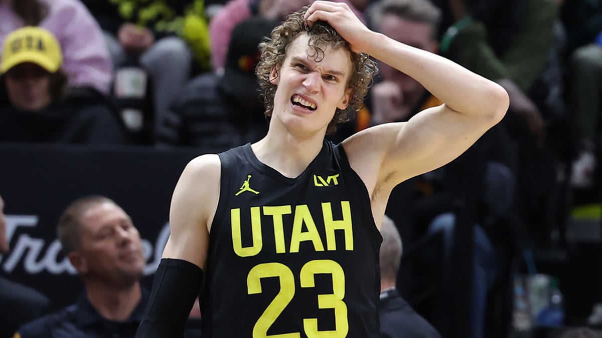 Utah Jazz forward Lauri Markkanen (23) reacts to a play against the San Antonio Spurs during the fourth quarter at Delta Center. Mandatory
