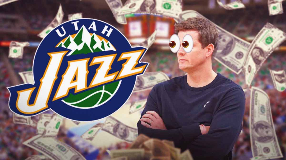 Jazz Will Hardy with emoji eyes looking at the Jazz logo surrounded by money