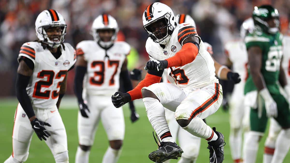 Dec 28, 2023; Cleveland, Ohio, USA; Cleveland Browns linebacker Jeremiah Owusu-Koramoah (6) celebrates after a tackle against the New York Jets during the first half at Cleveland Browns Stadium.