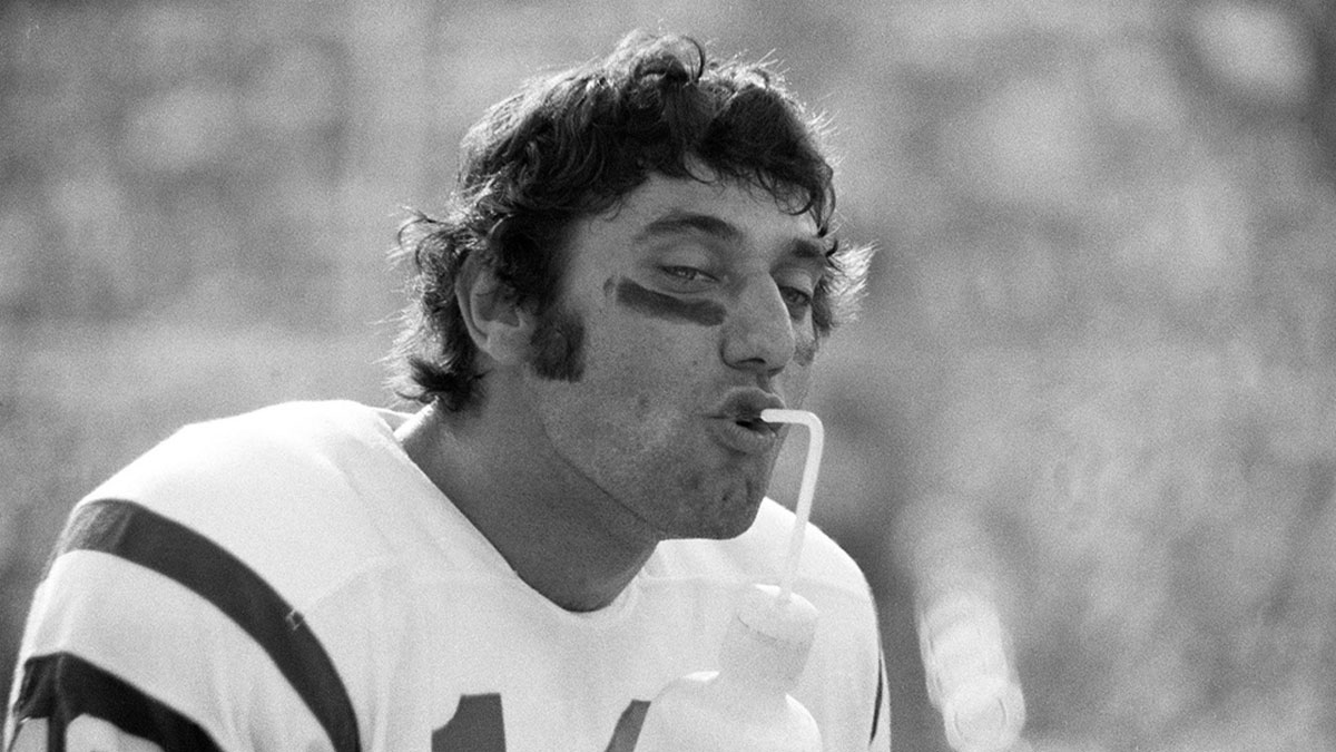 \"Broadway\" Joe Namath took a drink as he and the New York Jets traveled to Nippert Stadium to take on the Cincinnati Bengals. Oct. 12, 1969 1969 Joe Namath Jets Vs Bengals Bk01