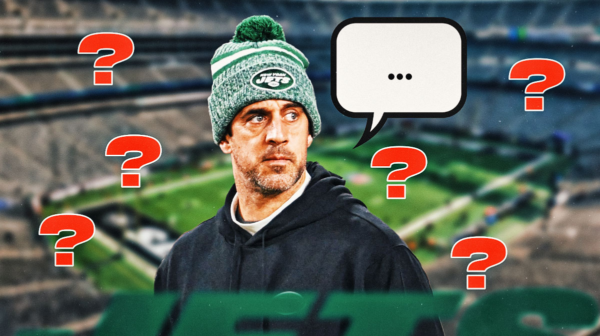 New York Jets QB Aaron Rodgers with a speech bubble with the three dots emoji inside. He is also surrounded by red question mark emojis. There is also a logo for the New York Jets.