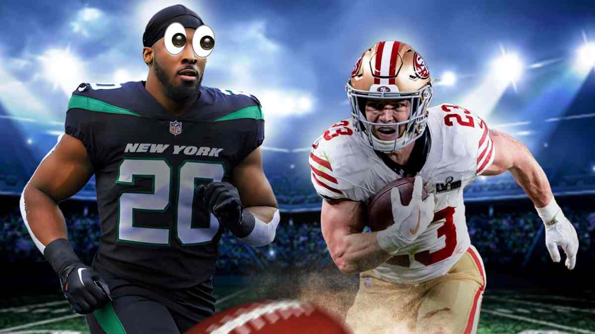Breece Hall with big eyeball emojis looking at Christian McCaffrey