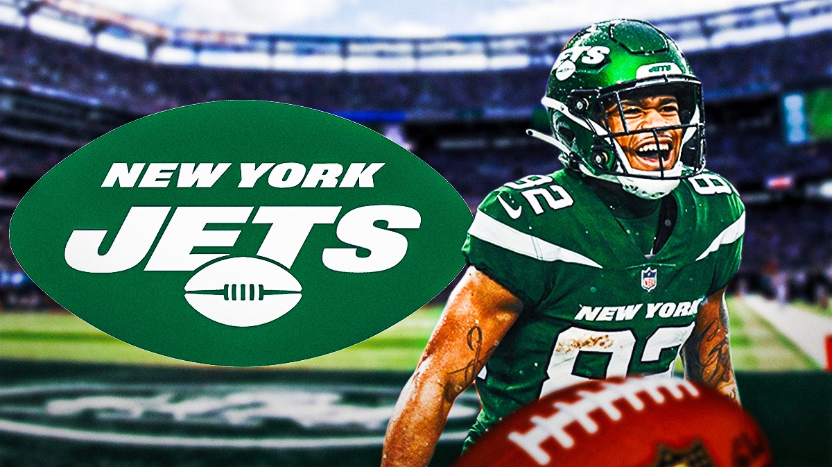 New York Jets logo on left side, New York Jets wide receiver Xavier Gipson on right side, MetLife Stadium in background