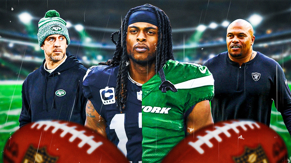 Davante Adams in half Jets jersey, half Raiders jersey with Antonio Pirece on one side and Aaron Rodgers on the other side