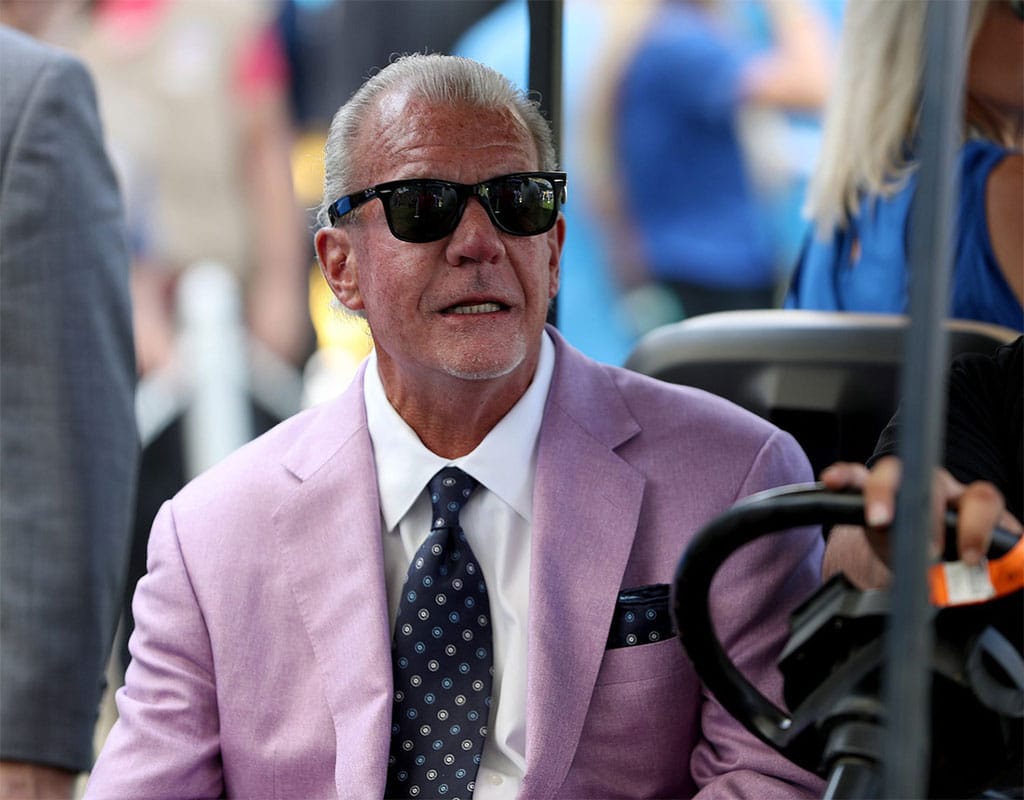 Indianapolis Colts owner Jim Irsay before the start of their game against the Los Angeles Chargers at Dignity Health Sports Park in Carson, CA.