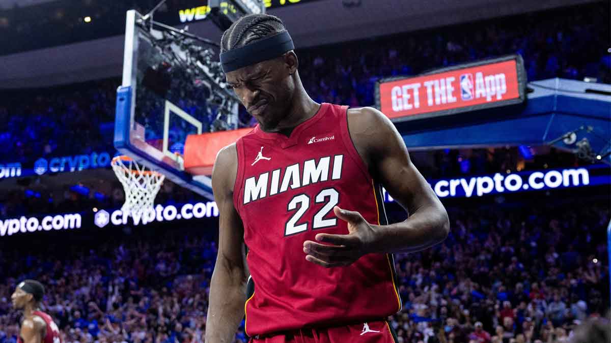 Miami Heat forward Jimmy Butler (22) reacts after a collision during the fourth quarter against the Philadelphia 76ers in a play-in game of the 2024 NBA playoffs at Wells Fargo Center.
