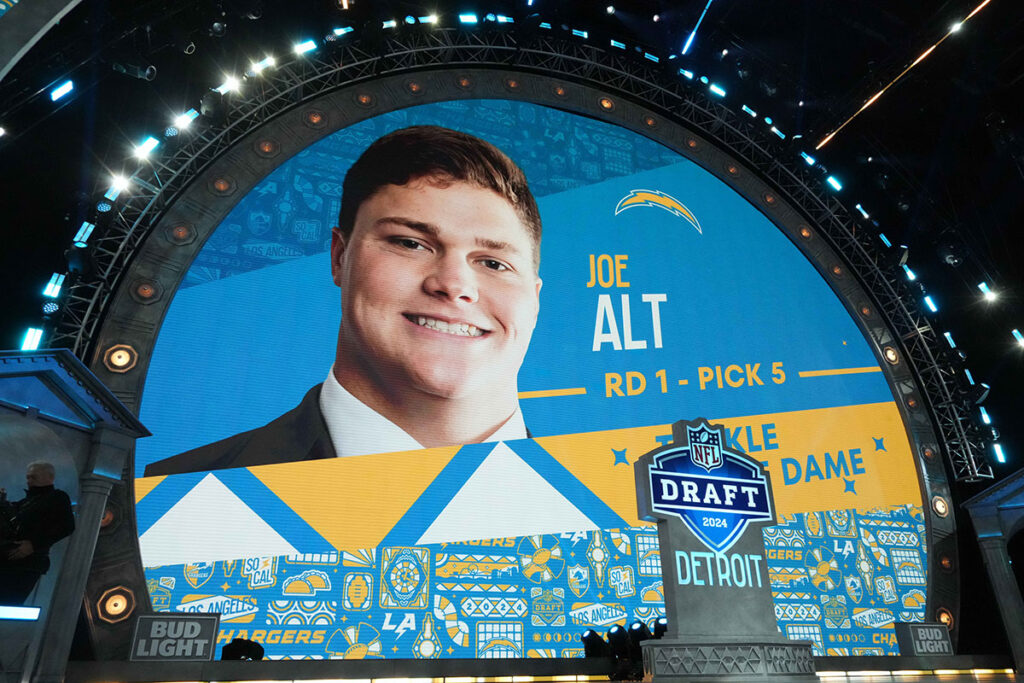 Notre Dame Fighting Irish lineman Joe Alt is selected as the No. 5 pick of the first round by the Los Angeles Chargers during the 2024 NFL Draft at Campus Martius Park and Hart Plaza