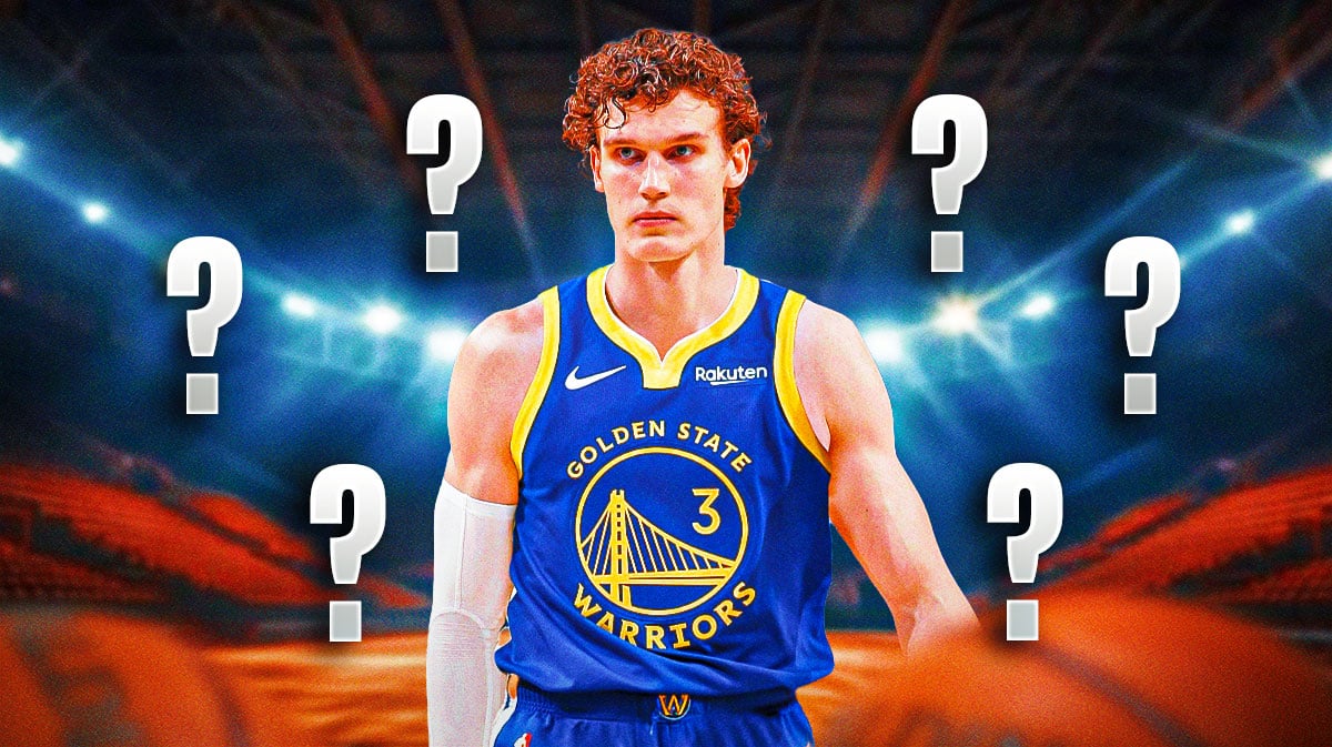 Utah Jazz star Lauri Markkanen in a Golden State Warriors jersey in front of the Chase Center.