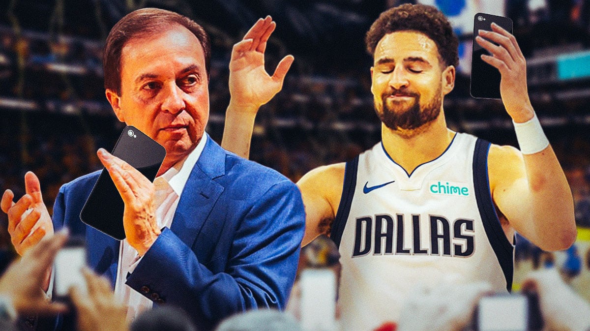 Warriors owner Joe Lacob holding a phone, with Klay Thompson in a Mavericks uniform holding a phone beside him