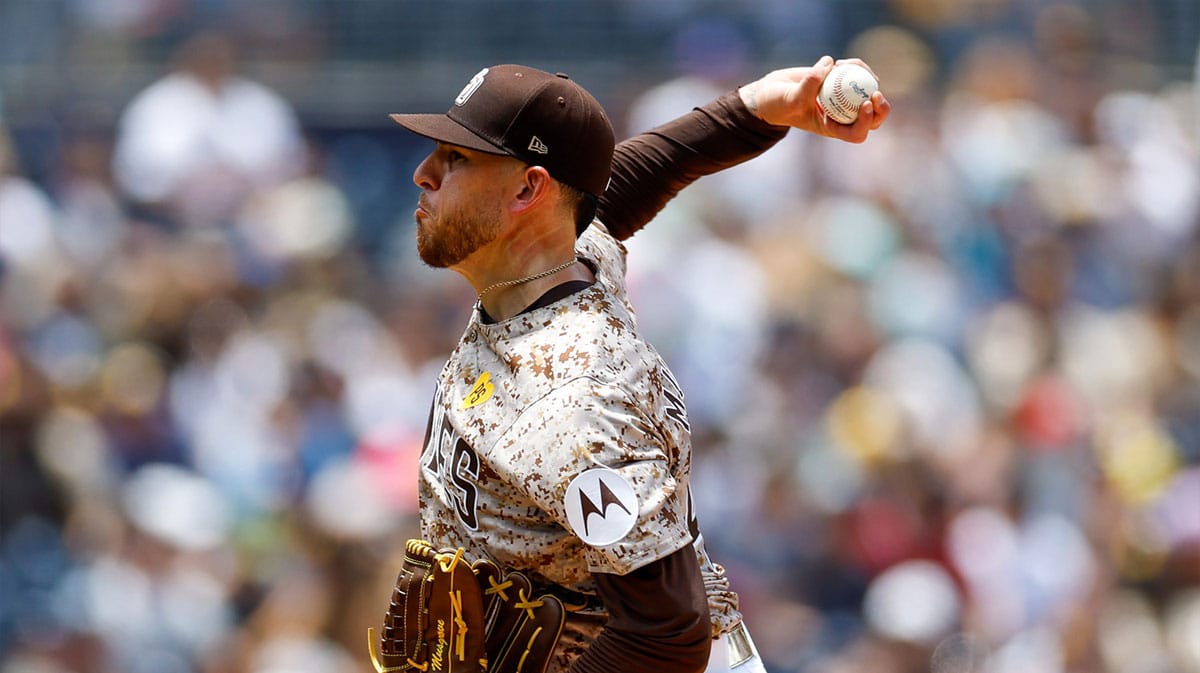 San Diego Padres starting pitcher Joe Musgrove (44) throws a pitch in the first inning against the New York Yankees at Petco Park.