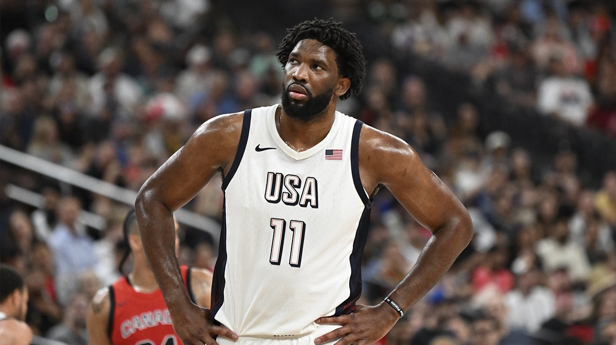 USA forward Joel Embiid (11) looks on during the third quarter against Canada in the USA Basketball Showcase at T-Mobile Arena.