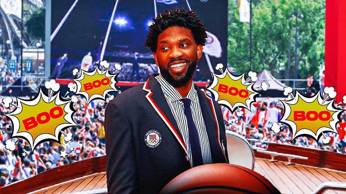 Team USA's Joel Embiid on a boat on the Seine, with booing fans all over him as well as thumbs down logos