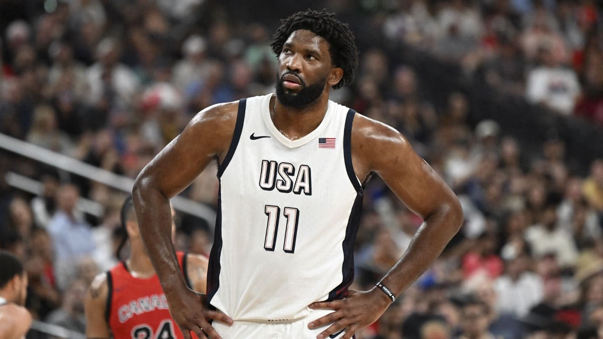 USA forward Joel Embiid (11) looks on during the third quarter against Canada in the USA Basketball Showcase at T-Mobile Arena. 