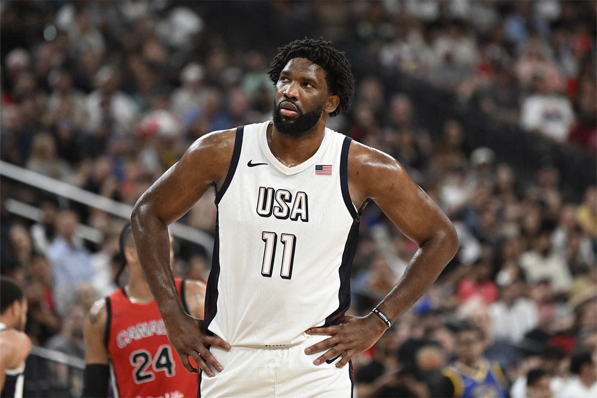 USA forward Joel Embiid (11) looks on during the third quarter against Canada in the USA Basketball Showcase at T-Mobile Arena.