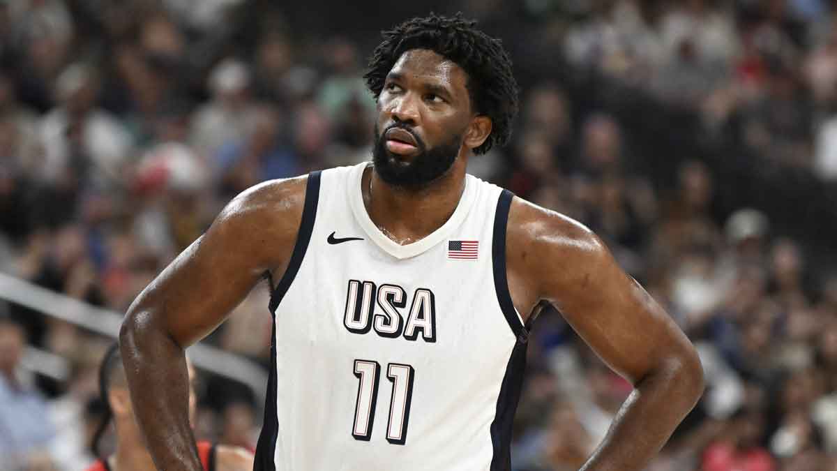 USA forward Joel Embiid (11) looks on during the third quarter against Canada in the USA Basketball Showcase at T-Mobile Arena. 