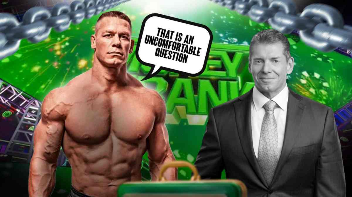 John Cena with a text bubble reading "That is an uncomfortable question" next to the grayed-out silhouette of Vince McMahon with the Money in the Bank logo as the background.