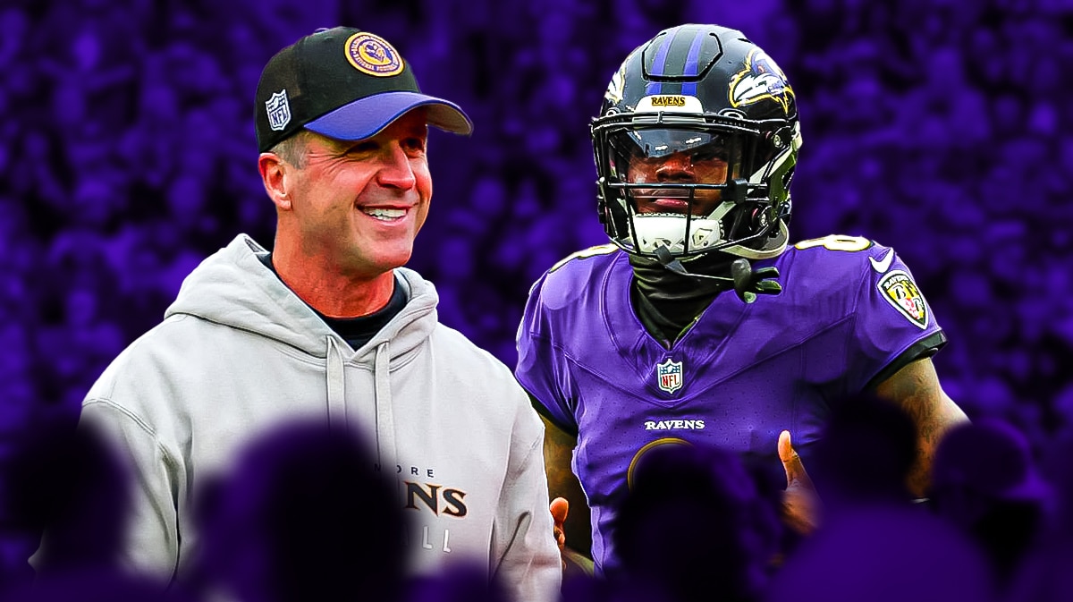 Baltimore Ravens star Lamar Jackson and head coach John Harbaugh in front of M&T Bank Stadium.