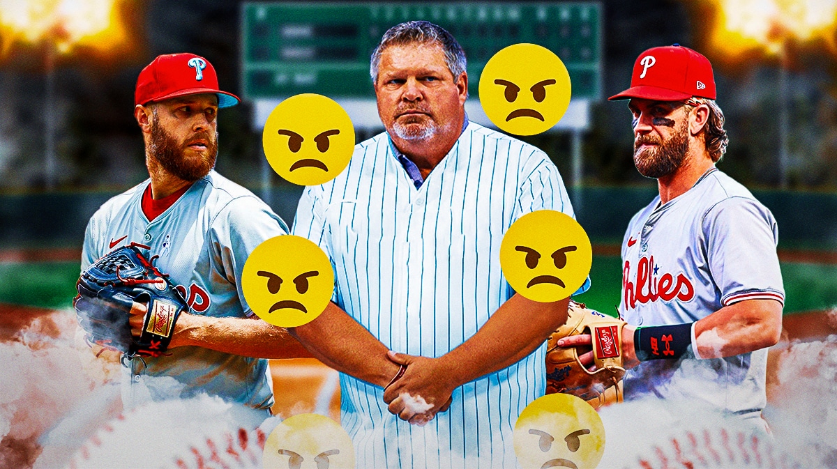 John Kruk in street clothes with angry emojis all around him. Zack Wheeler, Bryce Harper