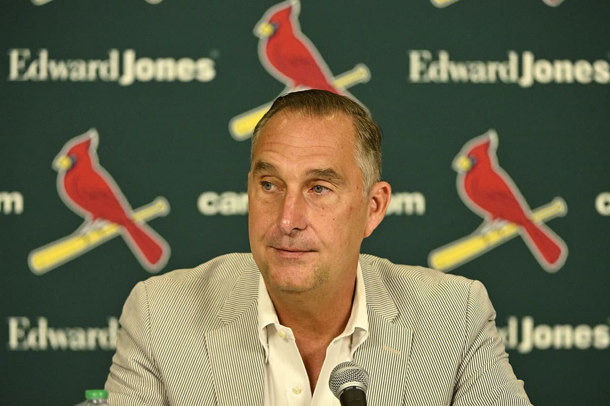 St. Louis Cardinals president of baseball operations John Mozeliak talks with the media after the Cardinals traded relief pitcher Jordan Hicks (not pictured) starting pitcher Jordan Montgomery (not pictured) and relief pitcher Chris Stratton (not pictured) at Busch Stadium.