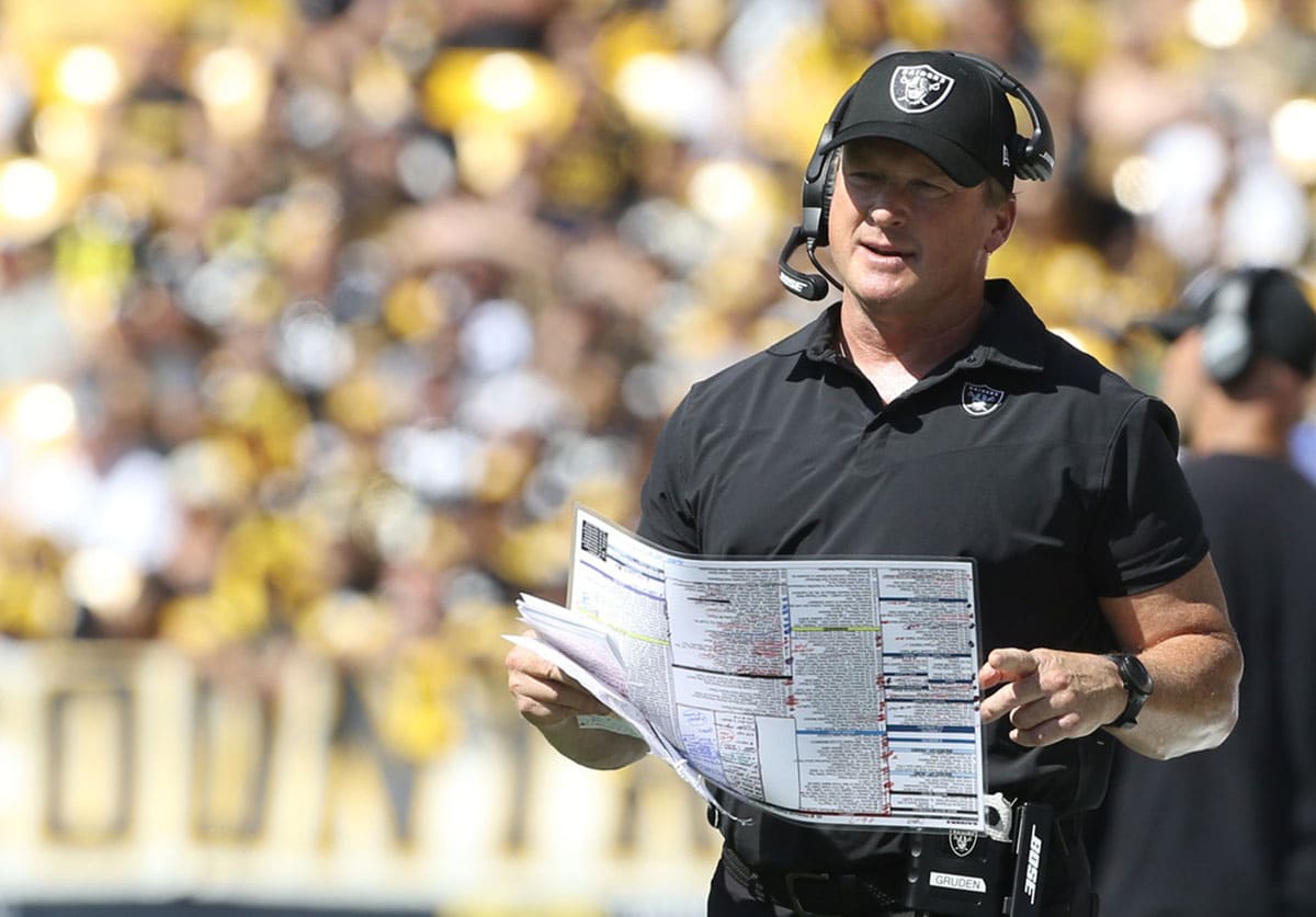 Las Vegas Raiders head coach Jon Gruden looks on from the sidelines against the Pittsburgh Steelers during the second quarter at Heinz Field. Las Vegas won 26-17. 