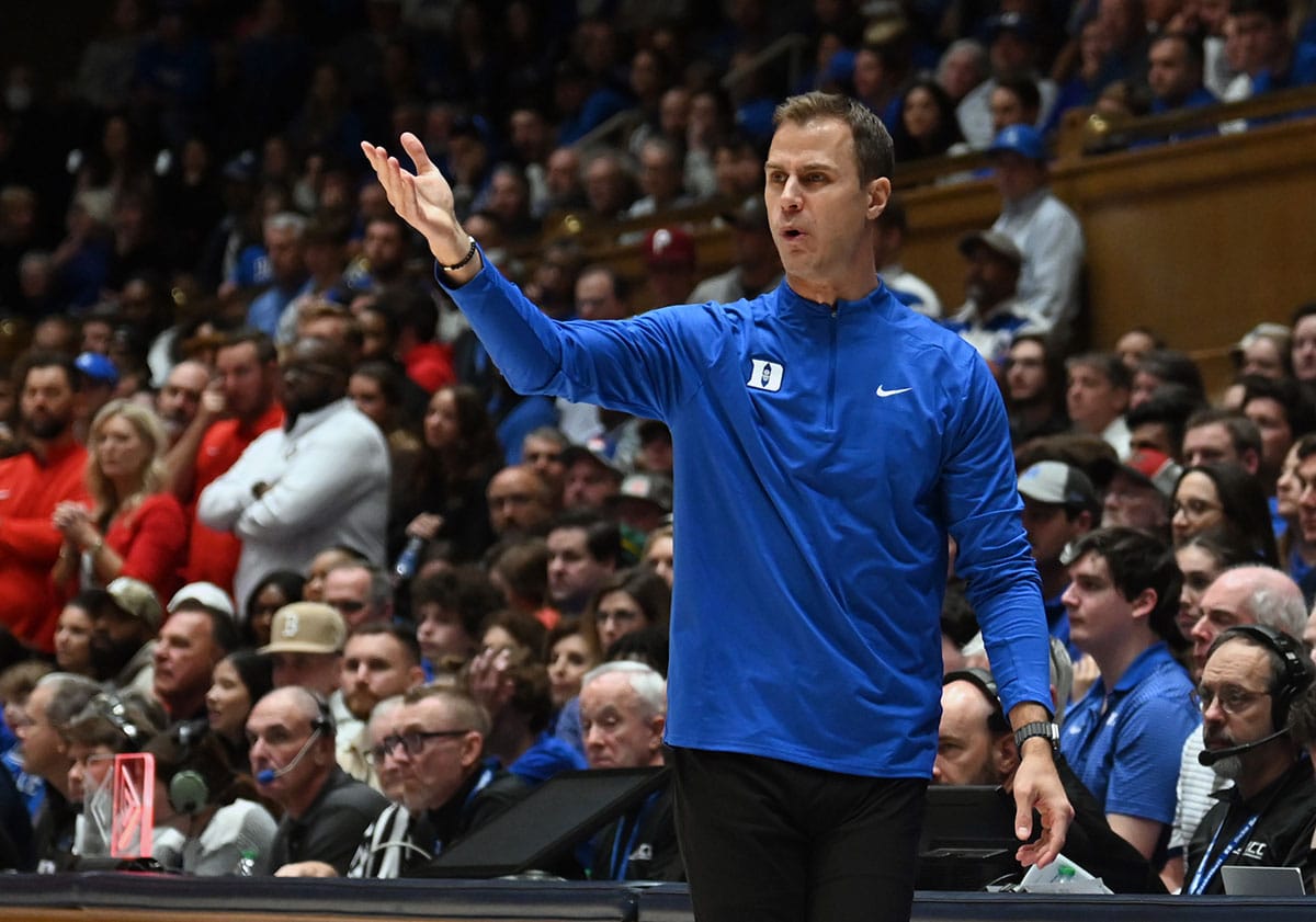Duke Blue Devils head coach Jon Scheyer reacts during the second half against the Southern Indiana Screaming Eagles at Cameron Indoor Stadium.
