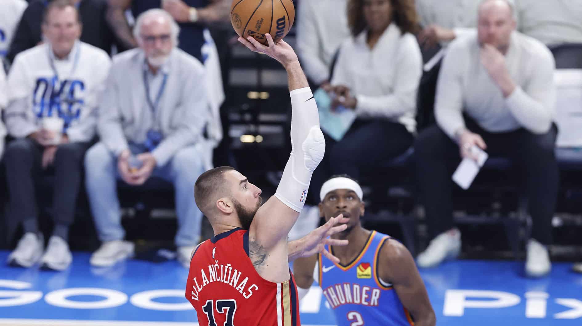 New Orleans Pelicans center Jonas Valanciunas (17) shoots against the Oklahoma City Thunder during the first quarter during game two of the first round for the 2024 NBA playoffs at Paycom Center.