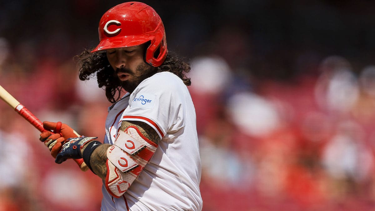 Cincinnati Reds designated hitter Jonathan India (6) dodges a wild pitch in the eighth inning against the Detroit Tigers at Great American Ball Park.