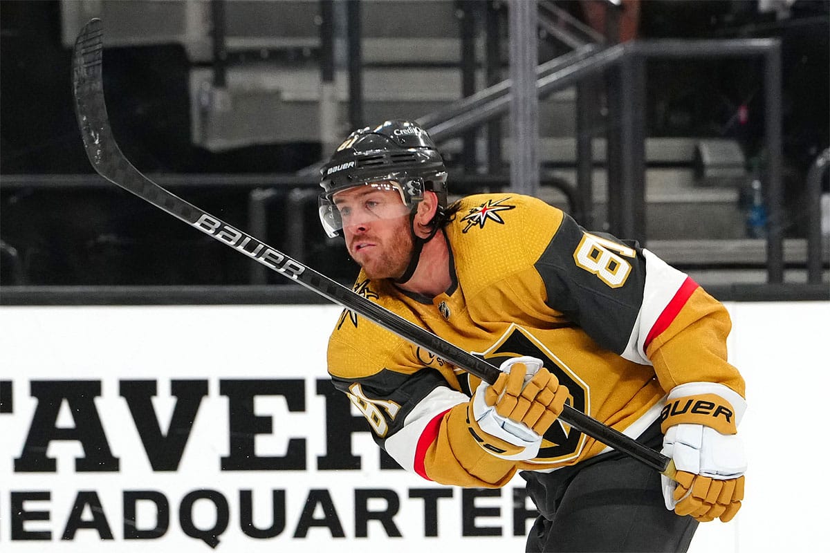 Vegas Golden Knights right wing Jonathan Marchessault (81) shoots against the Anaheim Ducks during the second period at T-Mobile Arena.