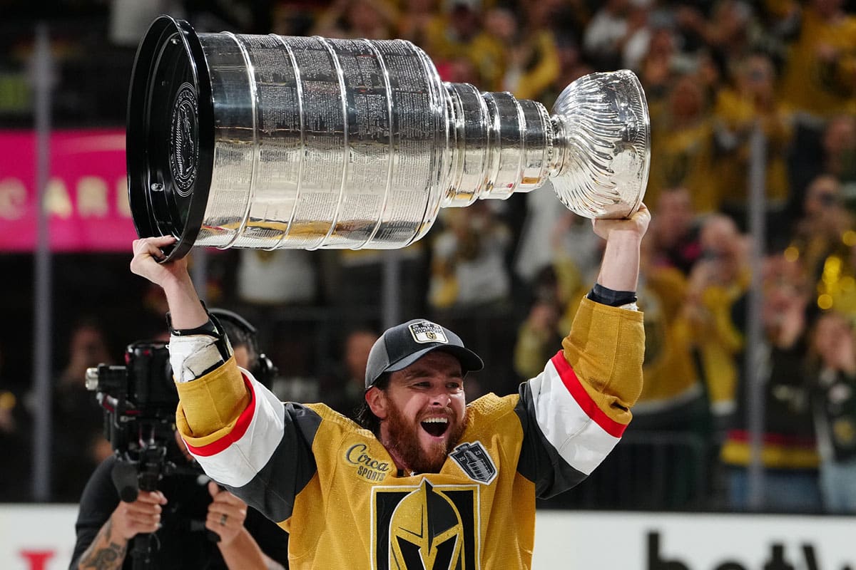 Vegas Golden Knights forward Jonathan Marchessault (81) hoists the Stanley Cup after game five of the 2023 Stanley Cup Final at T-Mobile Arena.