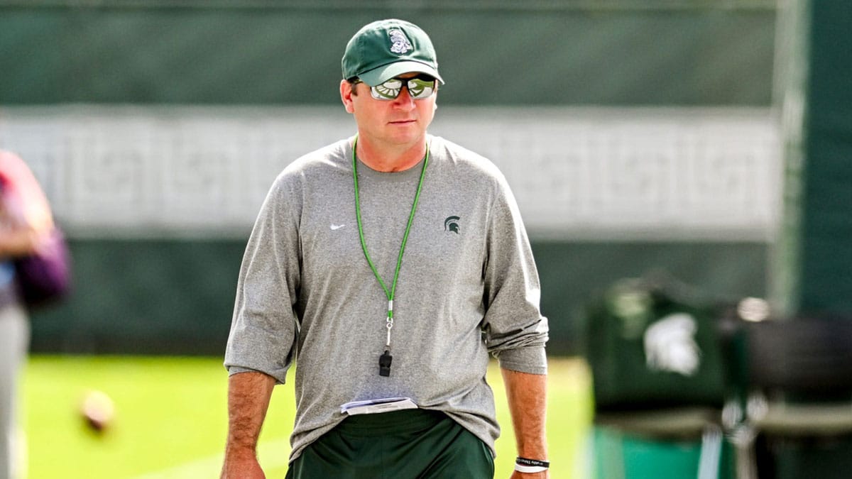 Michigan State's head coach Jonathan Smith looks on during the first day of football camp