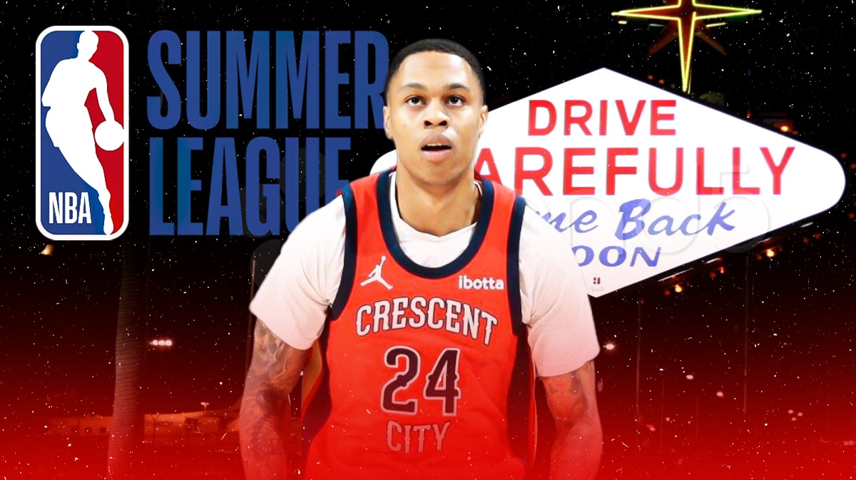 NBA Summer League logo background, Jordan Hawkins, and the Leaving Las Vegas sign.
