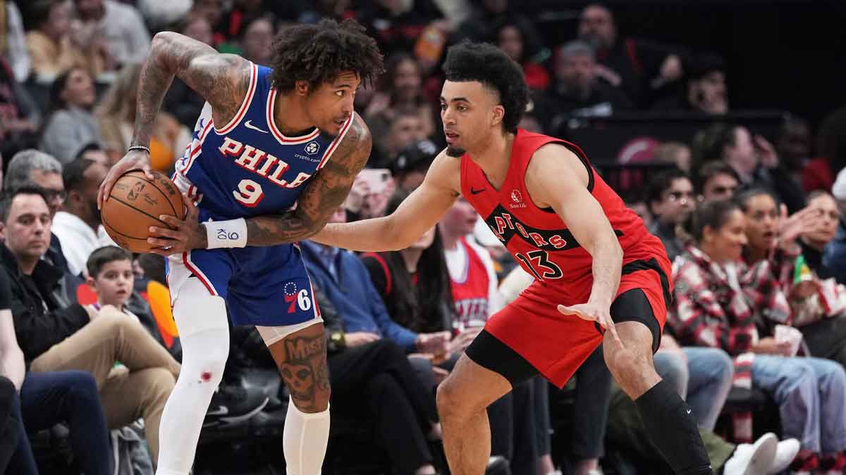 Philadelphia 76ers guard Kelly Oubre Jr. (9) controls the ball as Toronto Raptors forward Jordan Nwora (13) tries to defend during the third quarter at Scotiabank Arena.