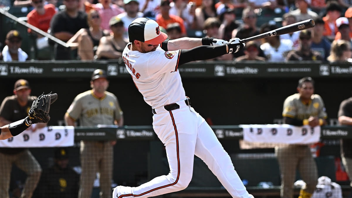 Jul 28, 2024; Baltimore, Maryland, USA; Baltimore Orioles third baseman Jordan Westburg (11) singles against the San Diego Padres during the seventh inning at Oriole Park at Camden Yards. 